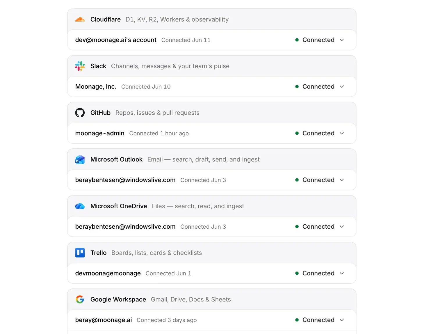 Moonage connected to Slack, email, ChatGPT, Claude, and company systems